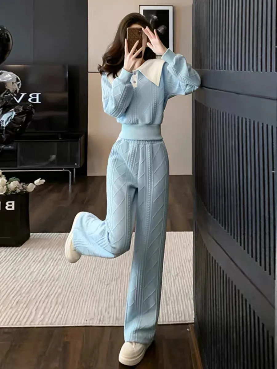 2023 autumn and winter new sweet and stylish large lapel contrasting color short top twist braided slim straight trousers suit (