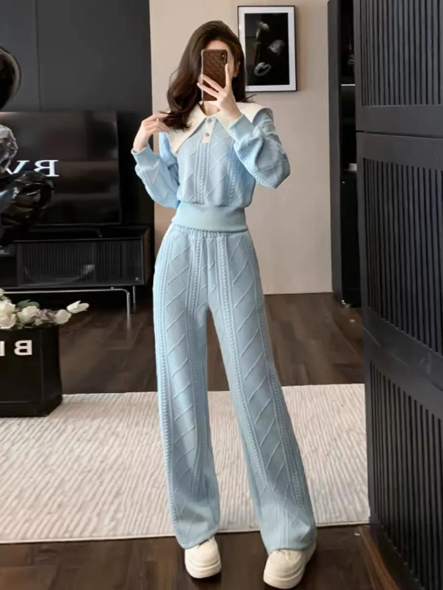 2023 autumn and winter new sweet and stylish large lapel contrasting color short top twist braided slim straight trousers suit (