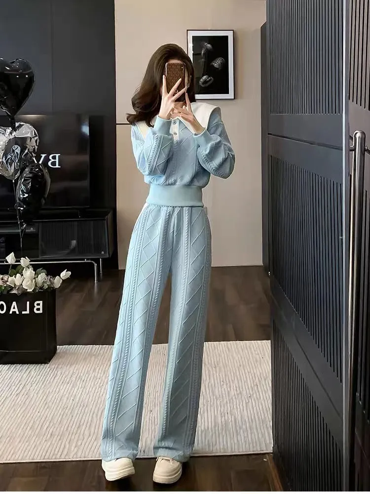 2023 autumn and winter new sweet and stylish large lapel contrasting color short top twist braided slim straight trousers suit (