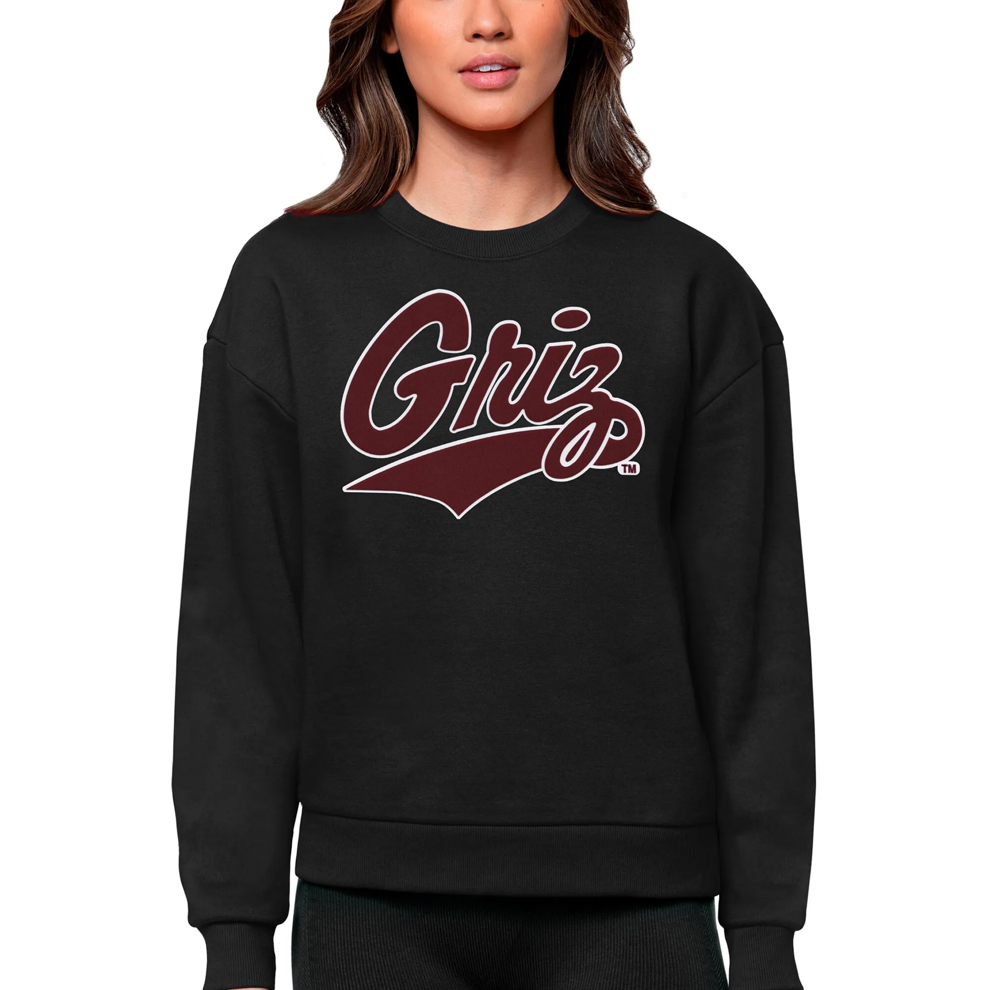 Antigua Montana Grizzlies Women's Black Victory Crewneck Pullover Sweatshirt