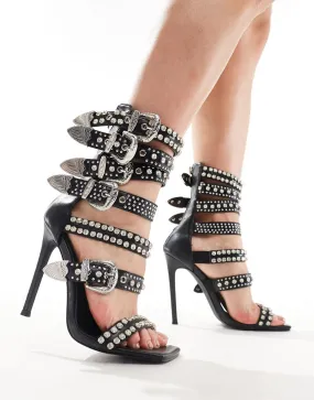 Azalea Wang Peppermint studded buckle heeled sandals in black