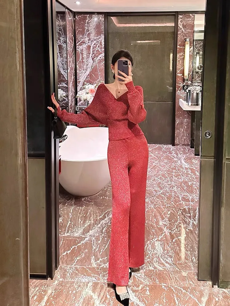 BETTER LS high-end red knitted suit for women autumn long-sleeved v-neck top wide-leg trousers two-piece set (S0880)