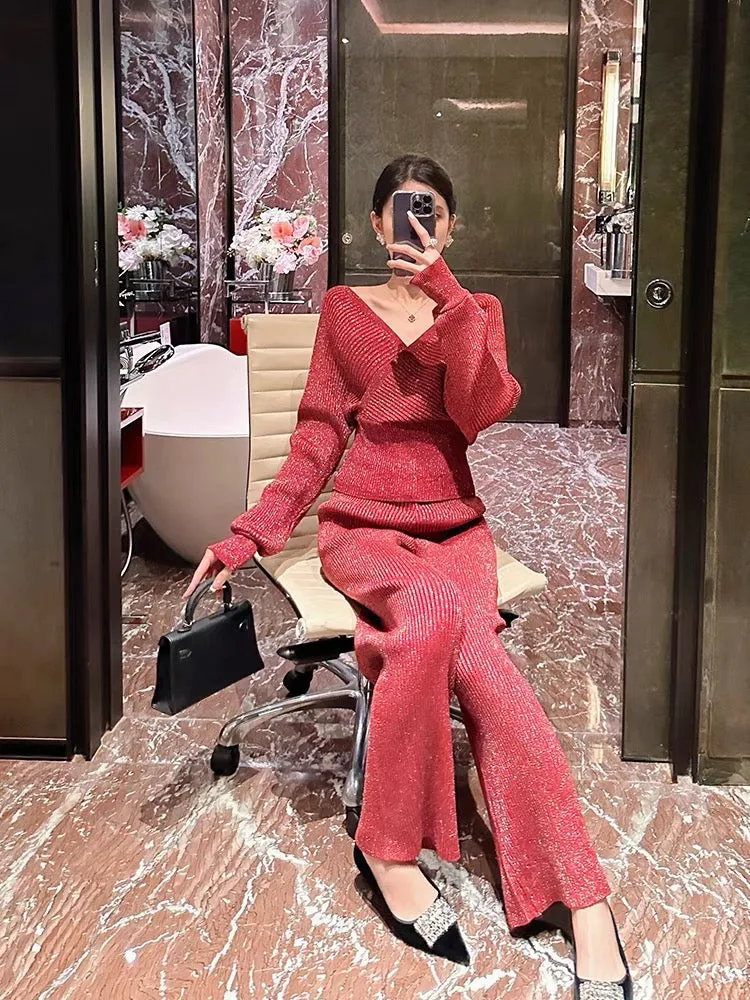 BETTER LS high-end red knitted suit for women autumn long-sleeved v-neck top wide-leg trousers two-piece set (S0880)