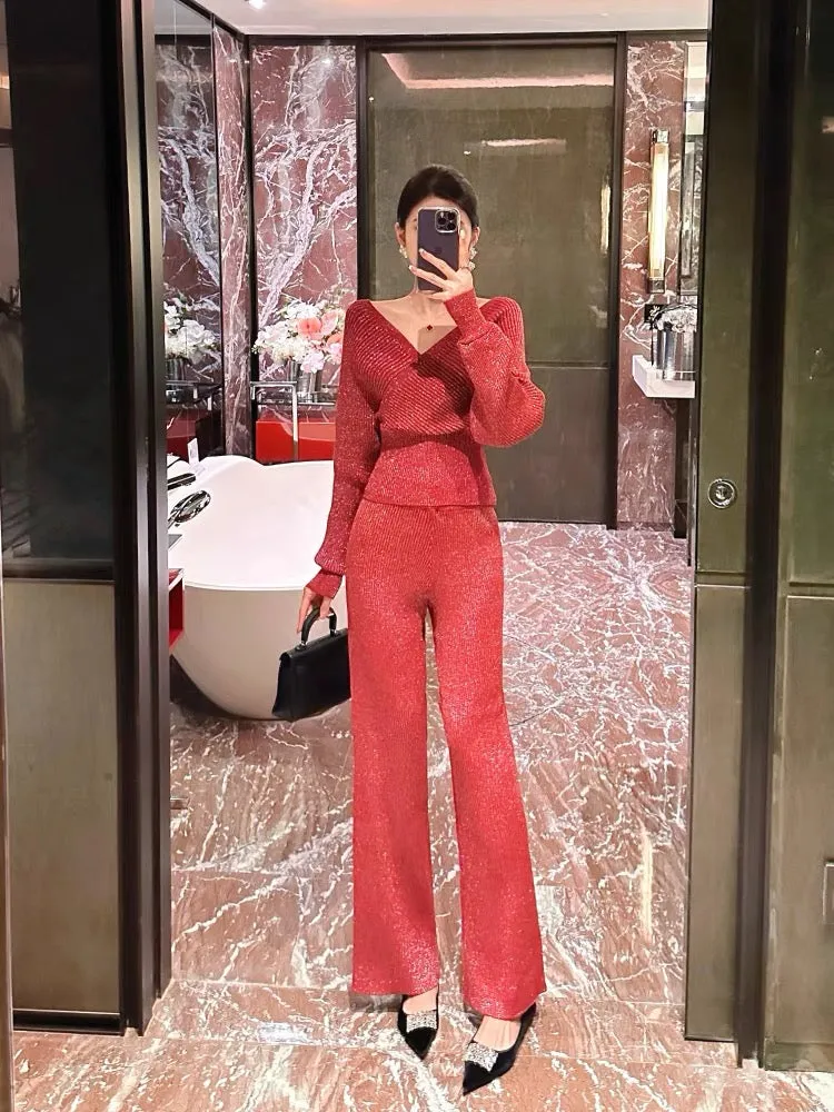 BETTER LS high-end red knitted suit for women autumn long-sleeved v-neck top wide-leg trousers two-piece set (S0880)