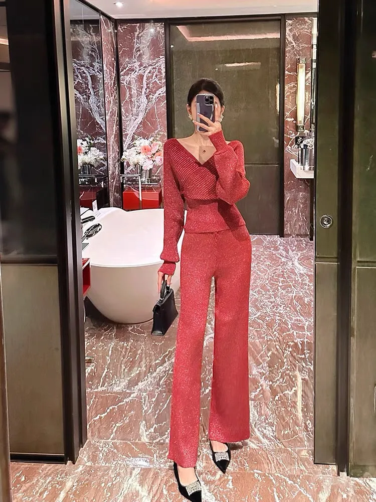 BETTER LS high-end red knitted suit for women autumn long-sleeved v-neck top wide-leg trousers two-piece set (S0880)