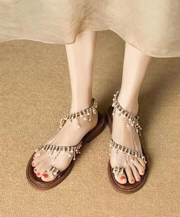 Boho Original Brown Pearl Tassel Splicing Walking Sandals