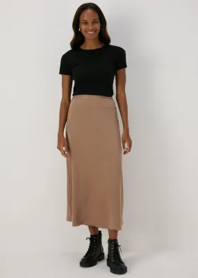 Camel Midi Satin Skirt