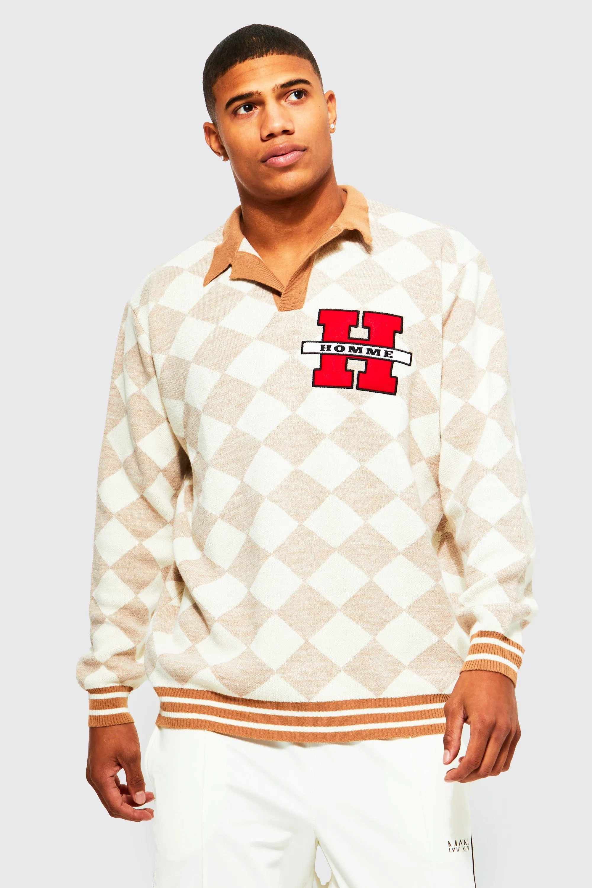 Checkerboard H Knitted Polo | boohooMAN UK