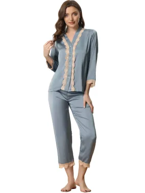 cheibear - Lace Trim Satin Button Sleepwear Set