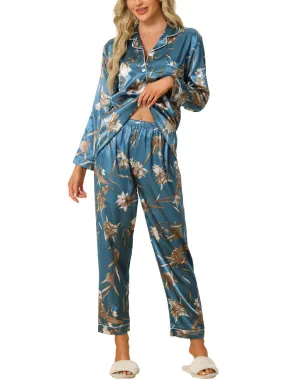 cheibear - Satin Silky Floral Printed Button Sleepwear Set