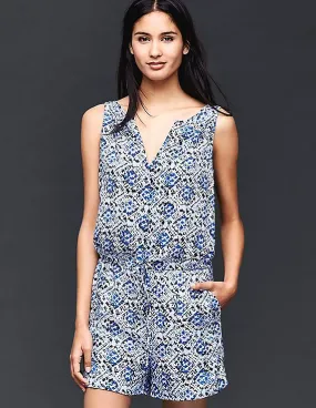 GAP Women Blue Mosaic Print Tie Romper