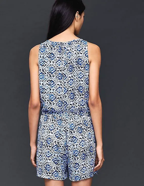 GAP Women Blue Mosaic Print Tie Romper