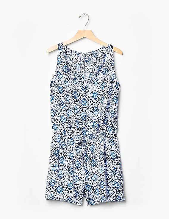 GAP Women Blue Mosaic Print Tie Romper