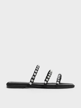 Goldie Recycled Polyester Gem-Encrusted Slide Sandals - Black Textured