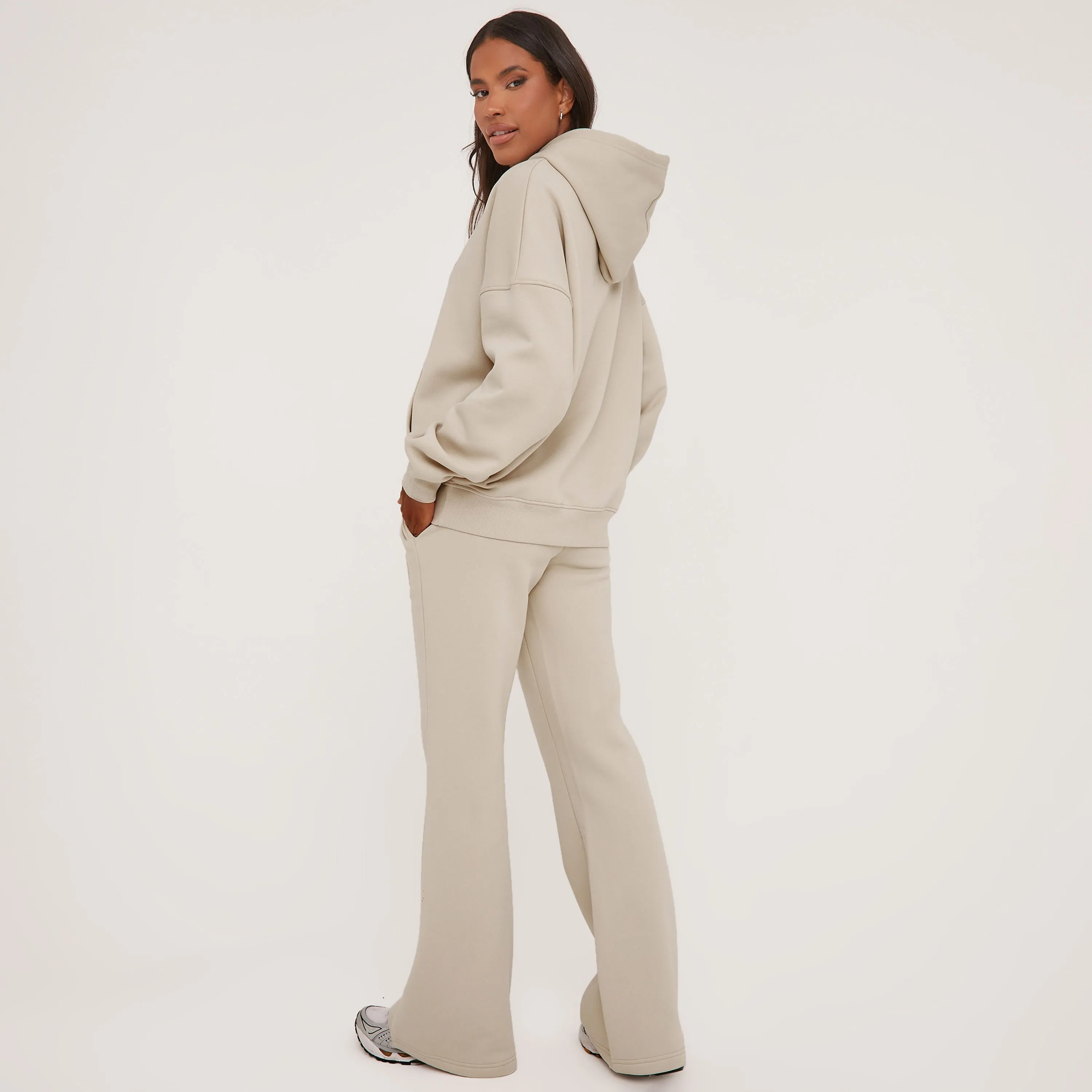 High Waist Ego Graphic Slogan Wide Leg Slouchy Joggers In Beige