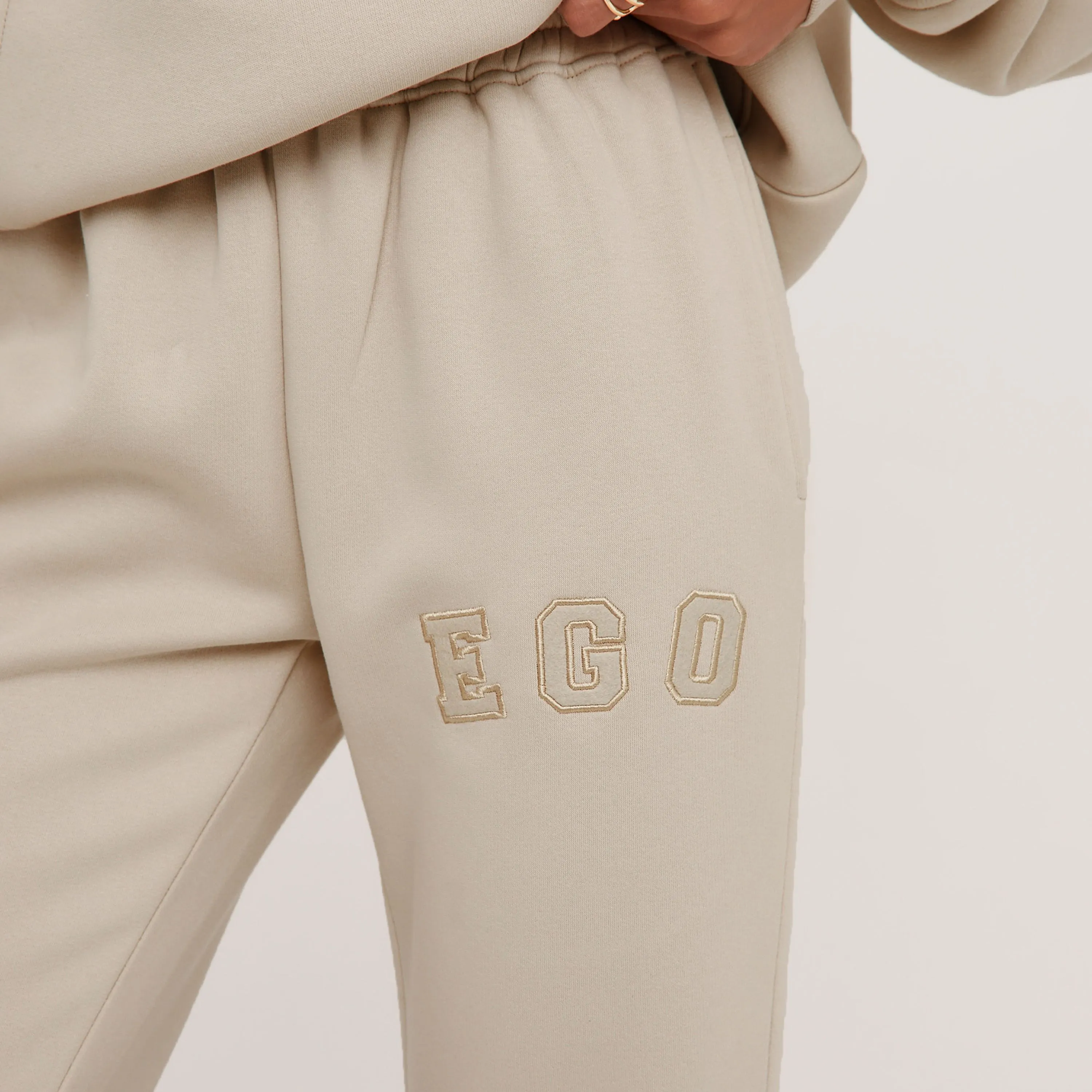 High Waist Ego Graphic Slogan Wide Leg Slouchy Joggers In Beige