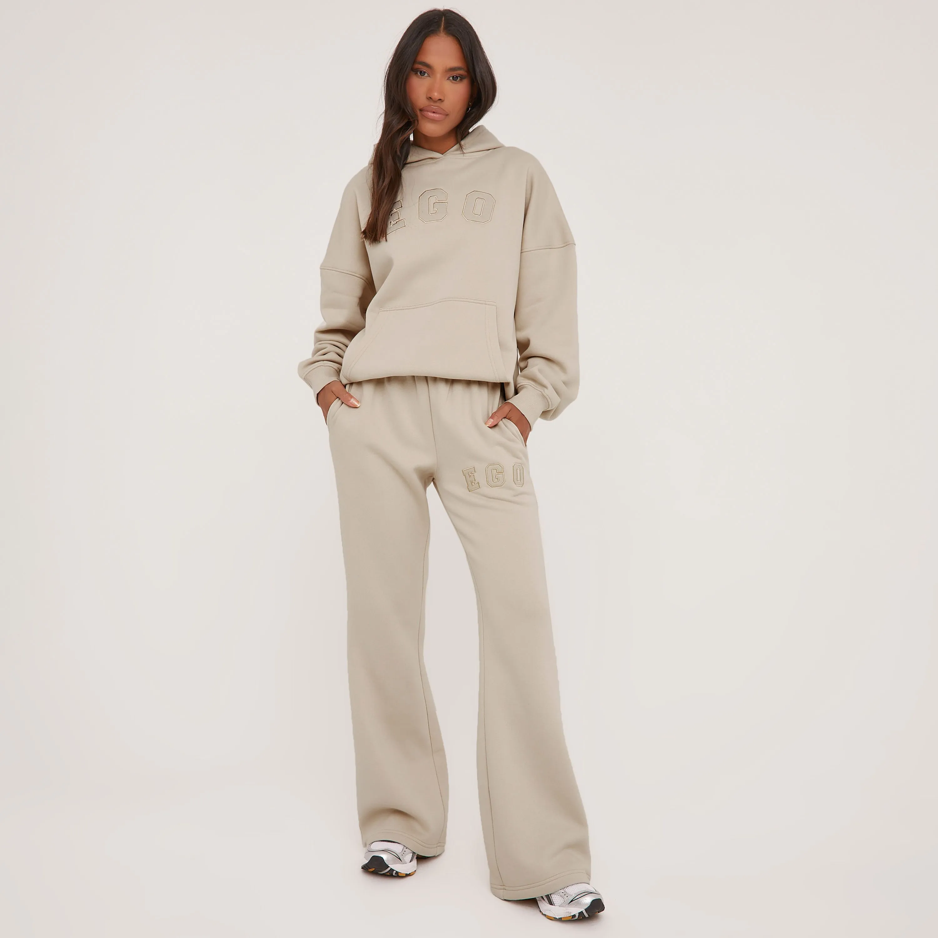 High Waist Ego Graphic Slogan Wide Leg Slouchy Joggers In Beige