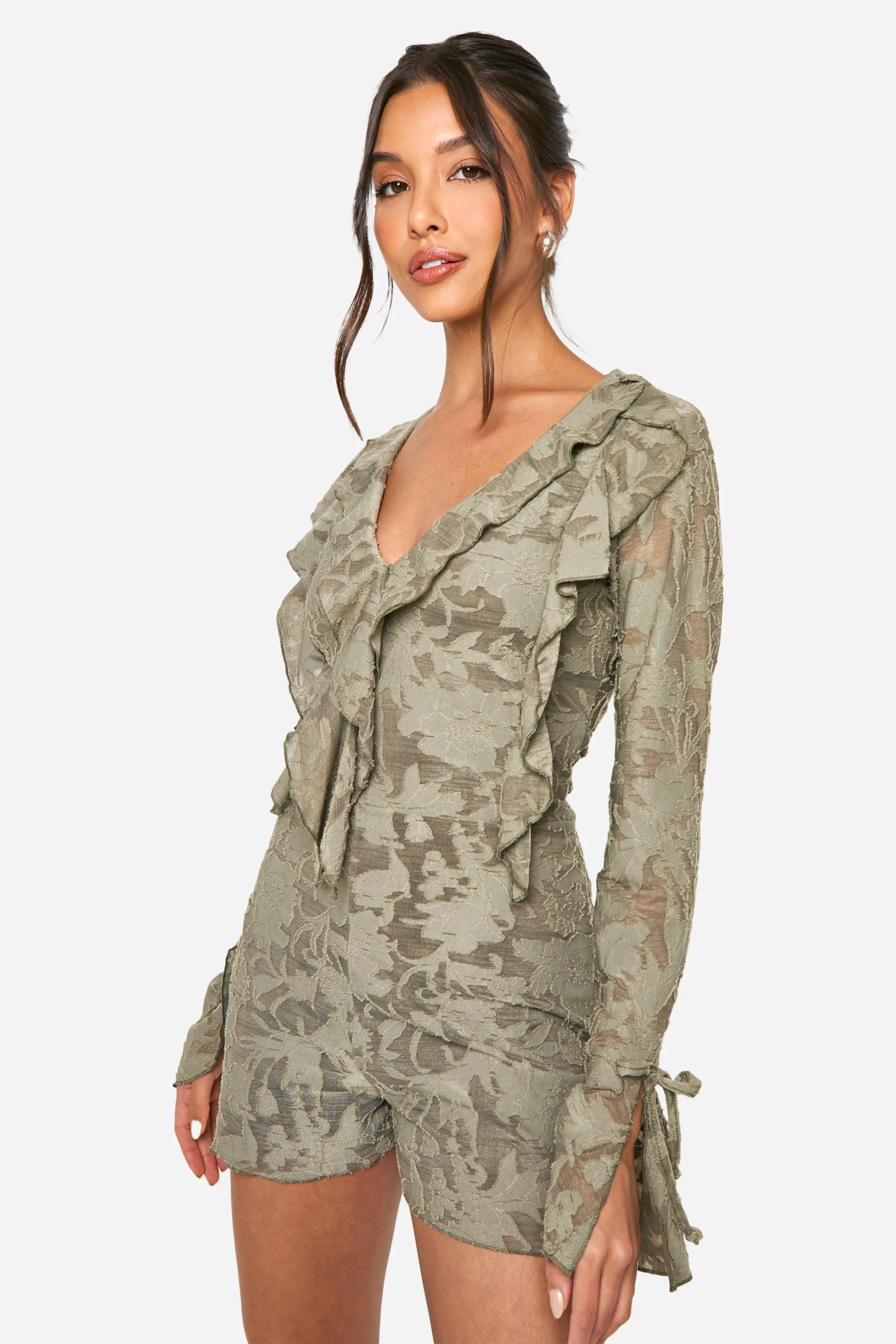 Jacquard Long Sleeve Ruffle Romper