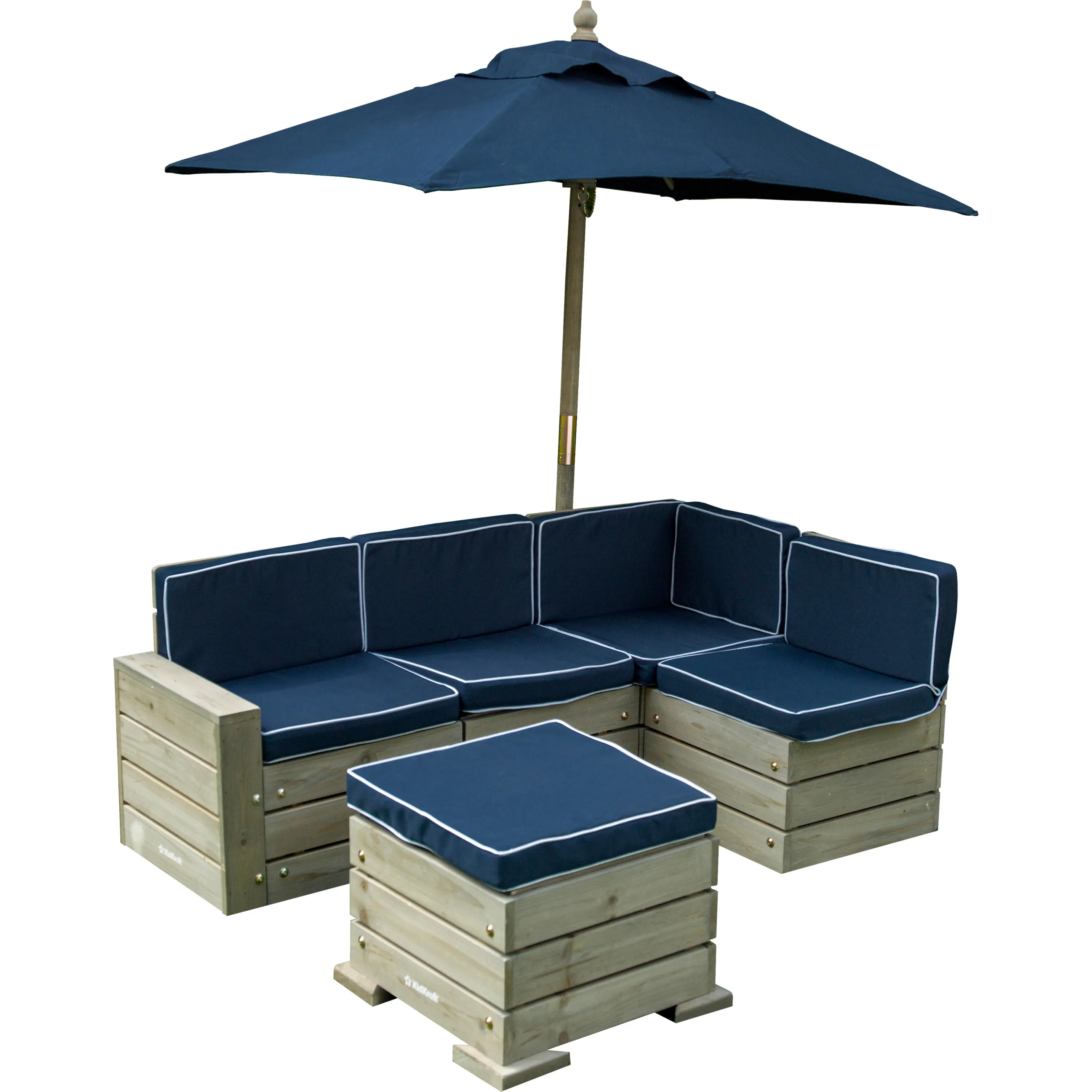 KidKraft Wooden Outdoor Sectional Ottoman & Umbrella Set with Cushions, Kids’ Patio Furniture, Barnwood Gray & Navy