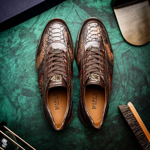 Marco Di Milano Brescia Washed Cognac Hand-Painted Python & Calfskin Sneakers