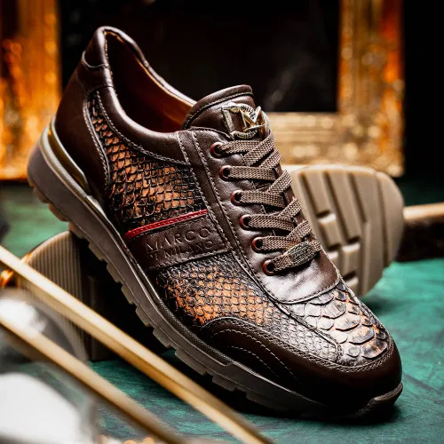 Marco Di Milano Brescia Washed Cognac Hand-Painted Python & Calfskin Sneakers