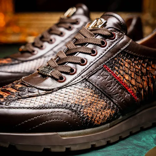 Marco Di Milano Brescia Washed Cognac Hand-Painted Python & Calfskin Sneakers