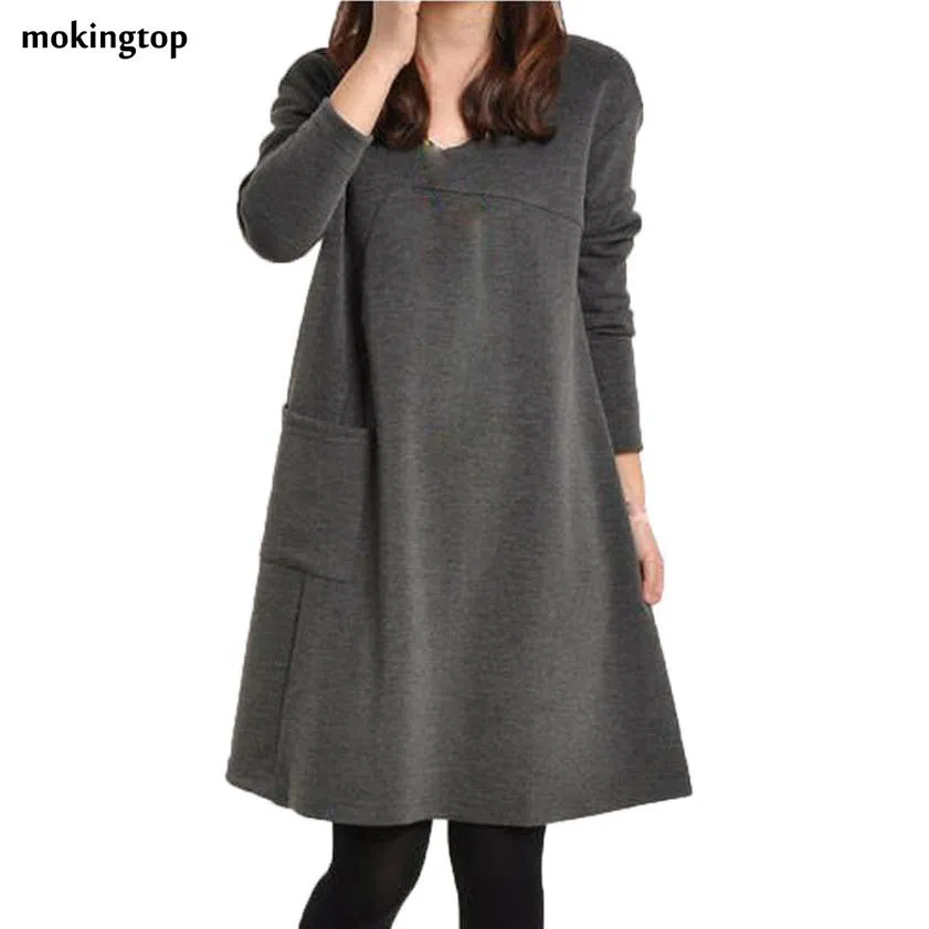 mokingtop Casual Loose Dress Long Sleeve Autumn Winter Dress Pockets Dress Solid Vintage Dress Ropa Mujer#A11 SM6