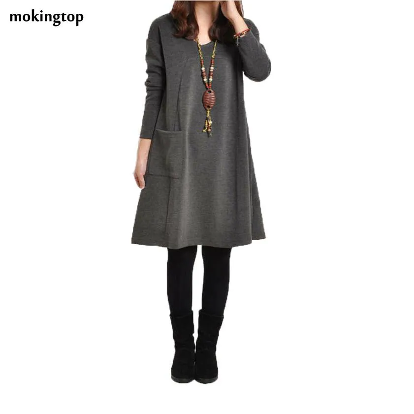 mokingtop Casual Loose Dress Long Sleeve Autumn Winter Dress Pockets Dress Solid Vintage Dress Ropa Mujer#A11 SM6