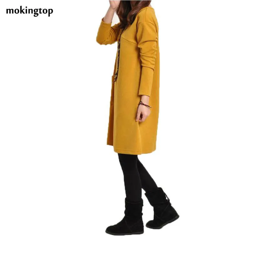 mokingtop Casual Loose Dress Long Sleeve Autumn Winter Dress Pockets Dress Solid Vintage Dress Ropa Mujer#A11 SM6