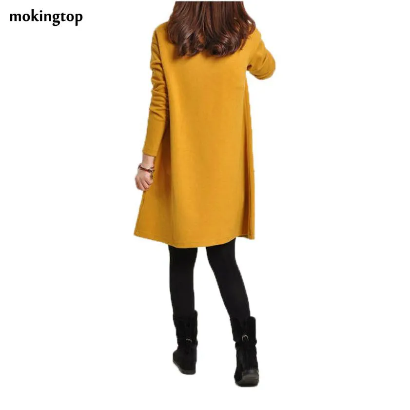 mokingtop Casual Loose Dress Long Sleeve Autumn Winter Dress Pockets Dress Solid Vintage Dress Ropa Mujer#A11 SM6