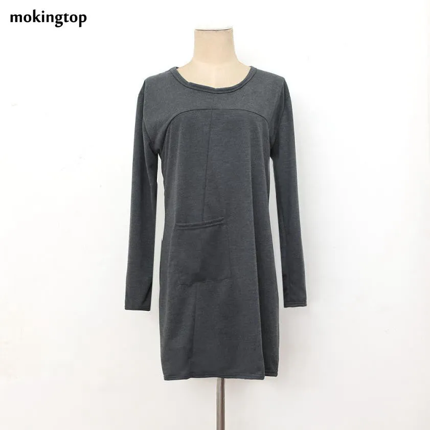 mokingtop Casual Loose Dress Long Sleeve Autumn Winter Dress Pockets Dress Solid Vintage Dress Ropa Mujer#A11 SM6