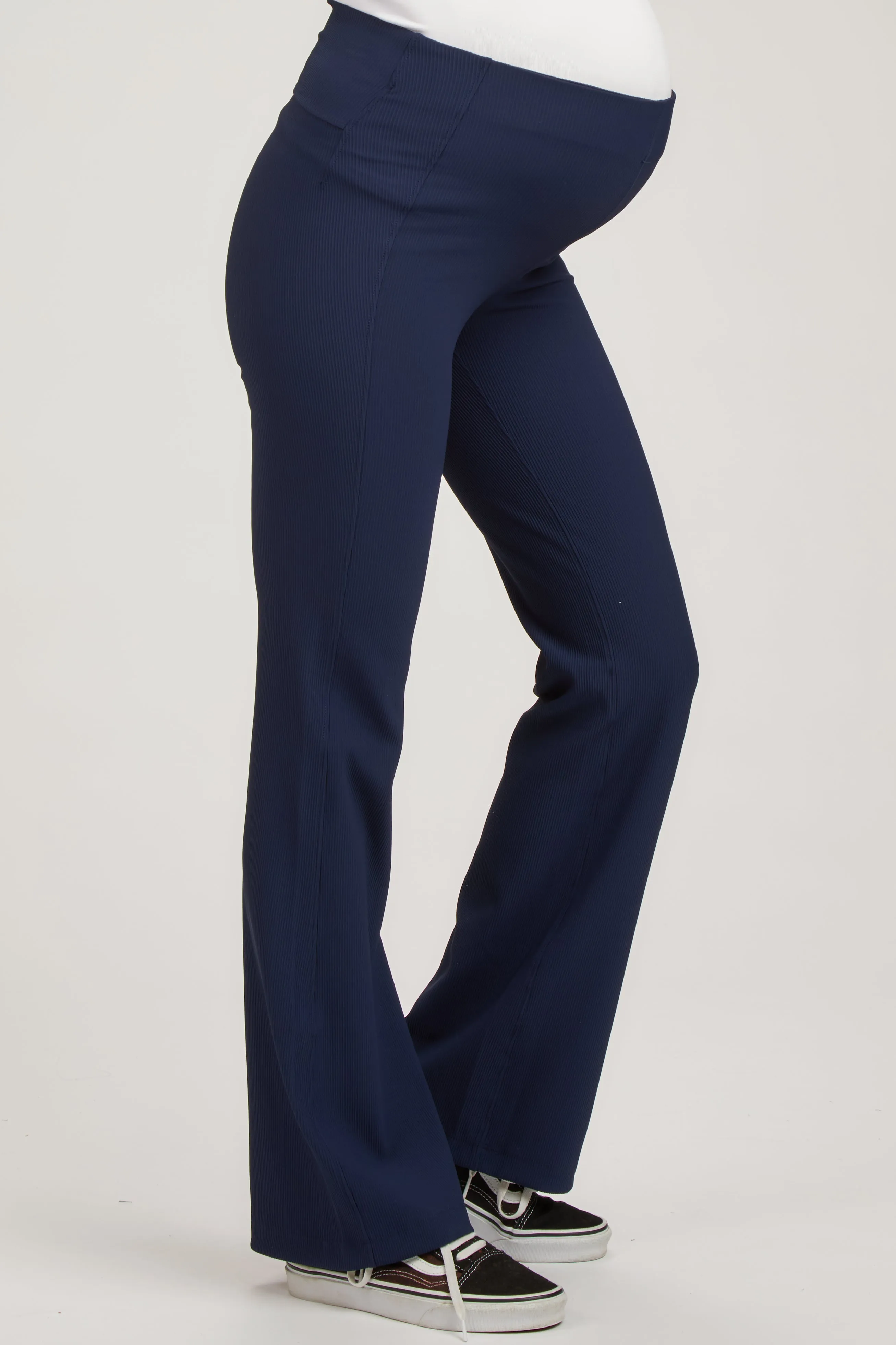 Navy Blue Ribbed Maternity Flared Leggings