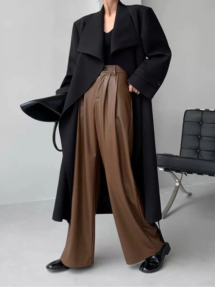 PAPERLLL Xinjian autumn and winter new soft high-waisted silhouette leather pants wide-leg pants for women European and American