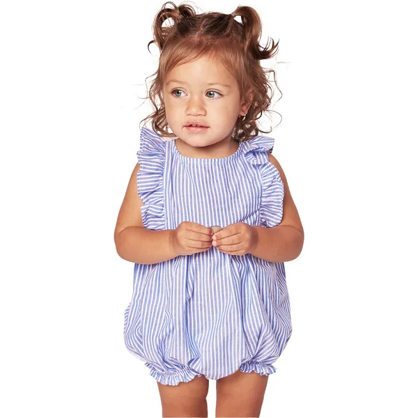 Petite Plume Ruffled Romper, French Blue Seersucker