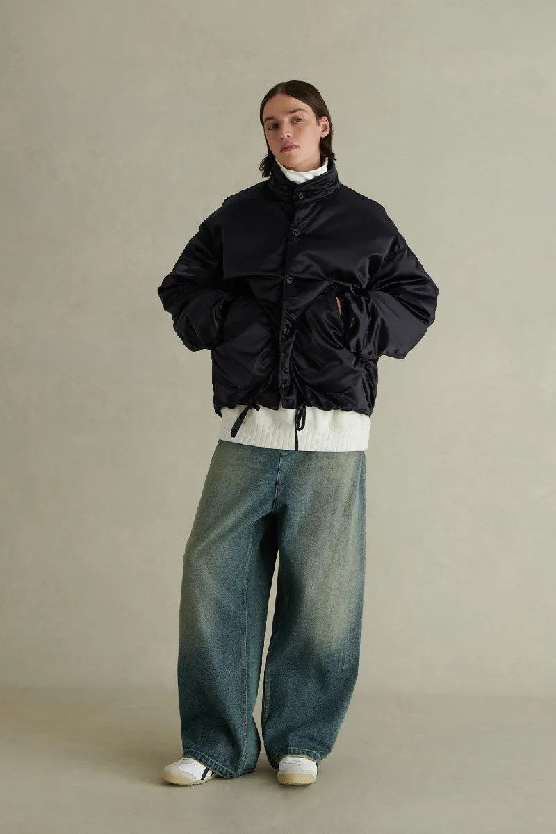 Pleated Stand Collar Vintage Nylon Jacket