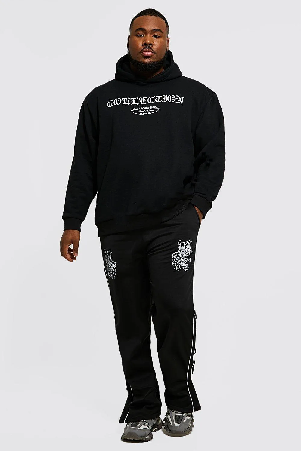 Plus Dragon Hooded Tracksuit With Split Hem | boohooMAN UK