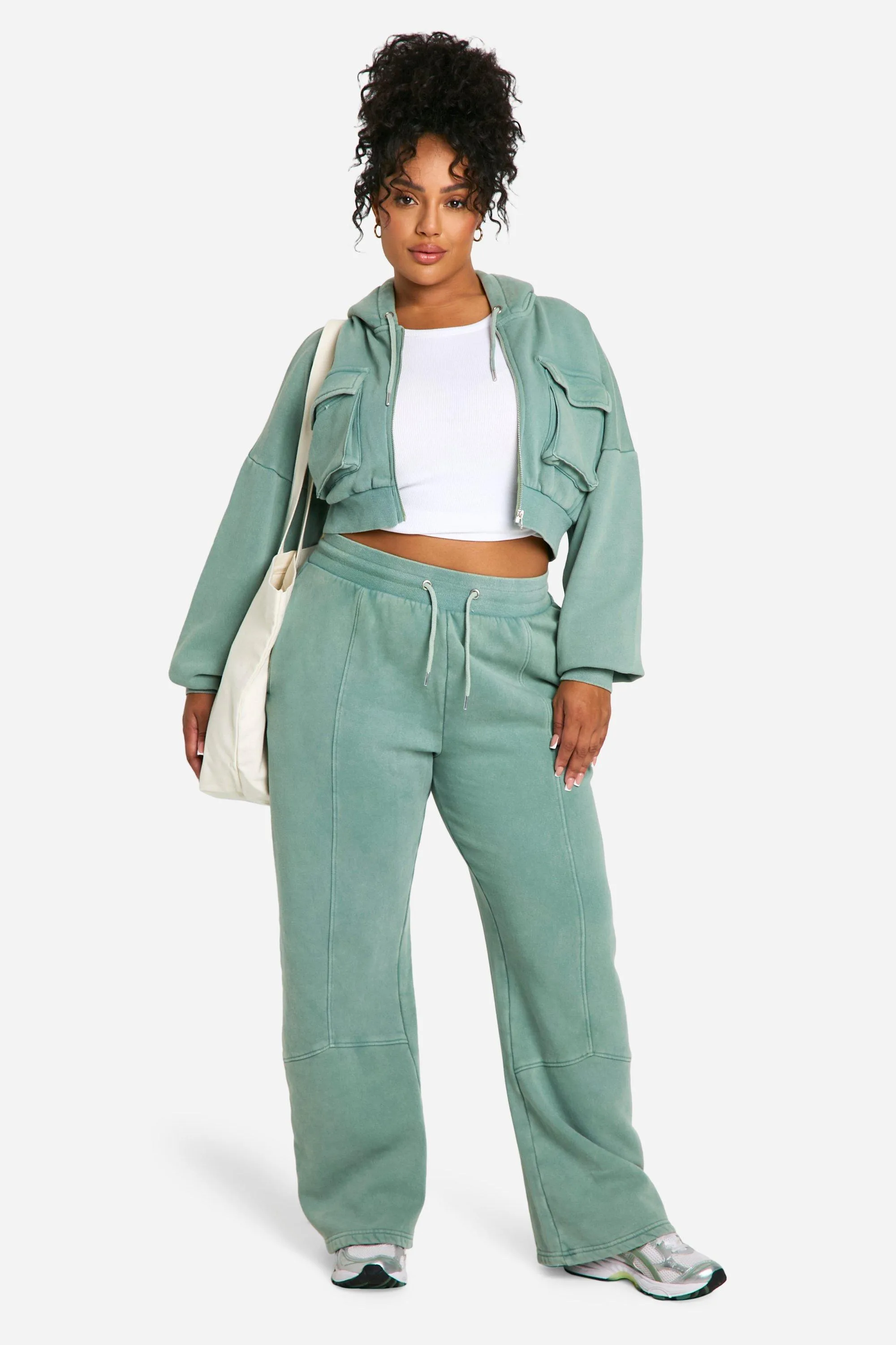 Plus Washed Cargo Pocket Boxy Crop Hooded Tracksuit