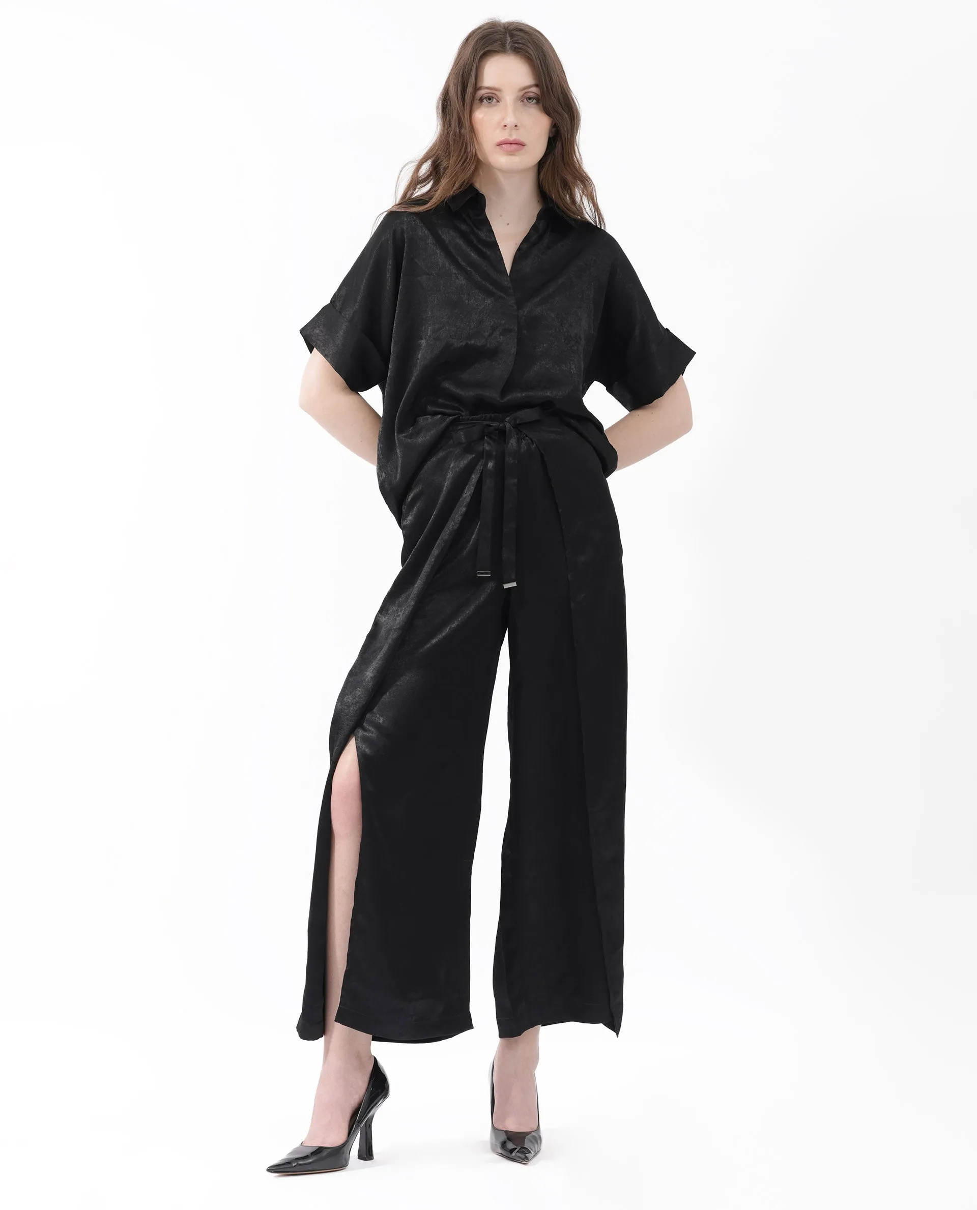 Rareism Women Colet Black Polyester Fabric Tie-Up Closure Wide Leg Fit Plain Ankle Length Trousers