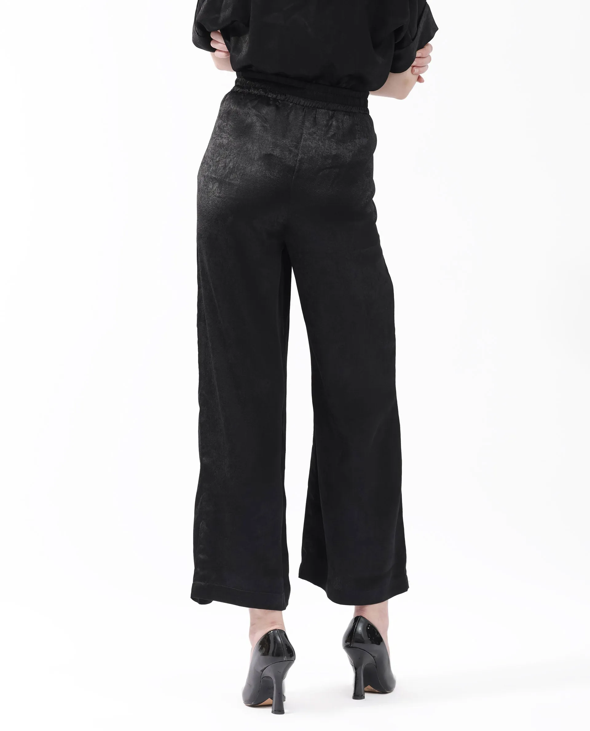 Rareism Women Colet Black Polyester Fabric Tie-Up Closure Wide Leg Fit Plain Ankle Length Trousers