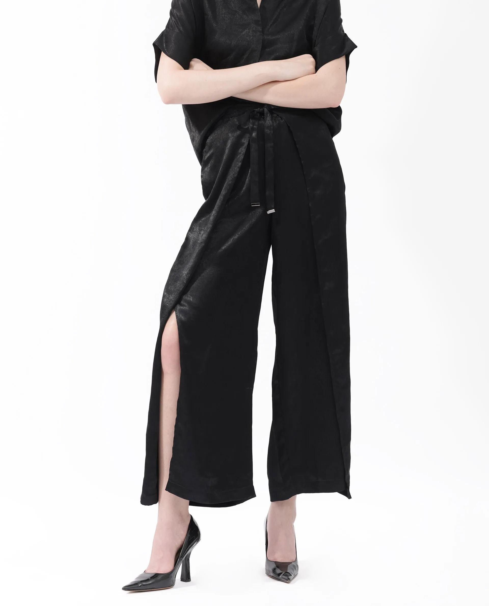 Rareism Women Colet Black Polyester Fabric Tie-Up Closure Wide Leg Fit Plain Ankle Length Trousers