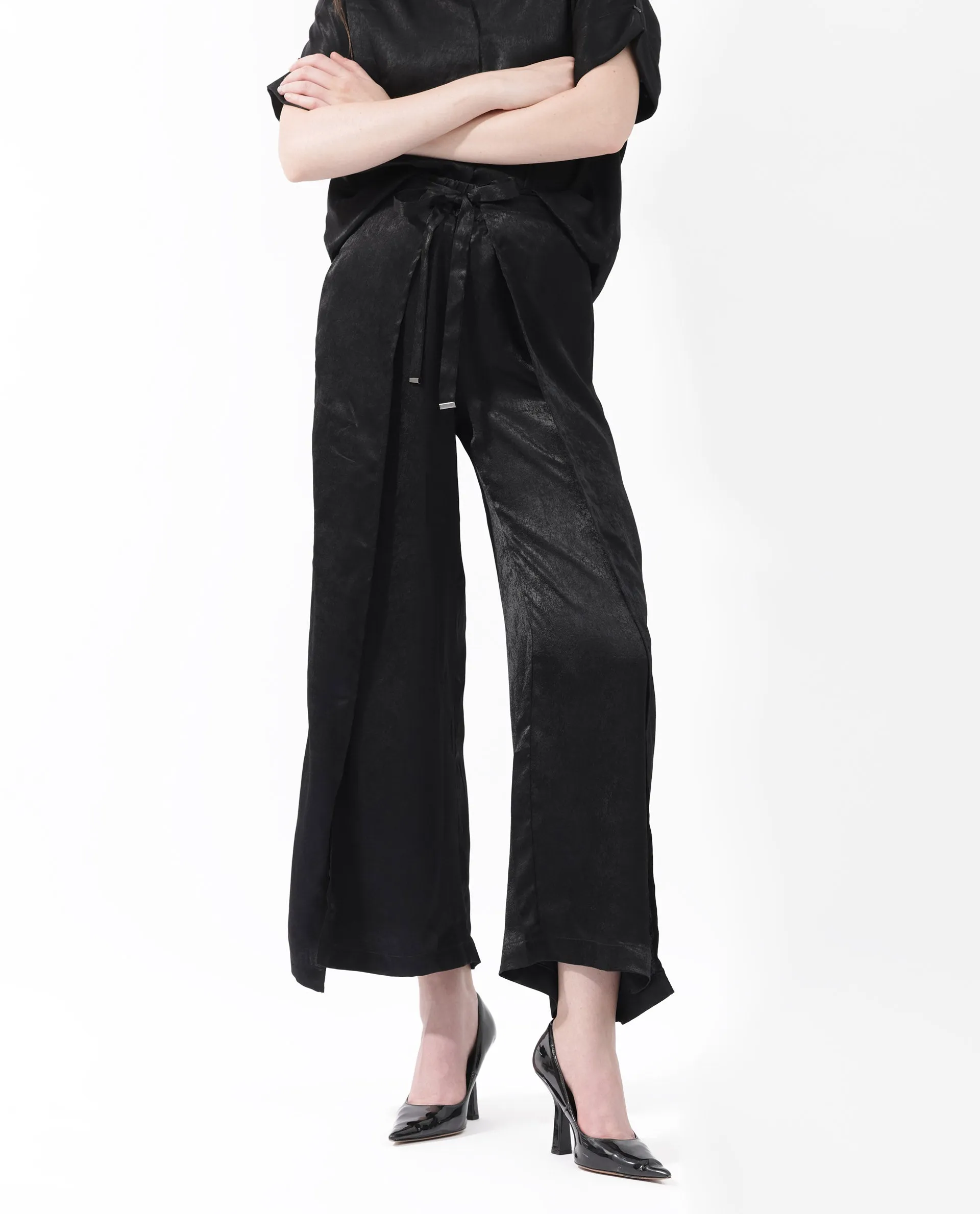 Rareism Women Colet Black Polyester Fabric Tie-Up Closure Wide Leg Fit Plain Ankle Length Trousers