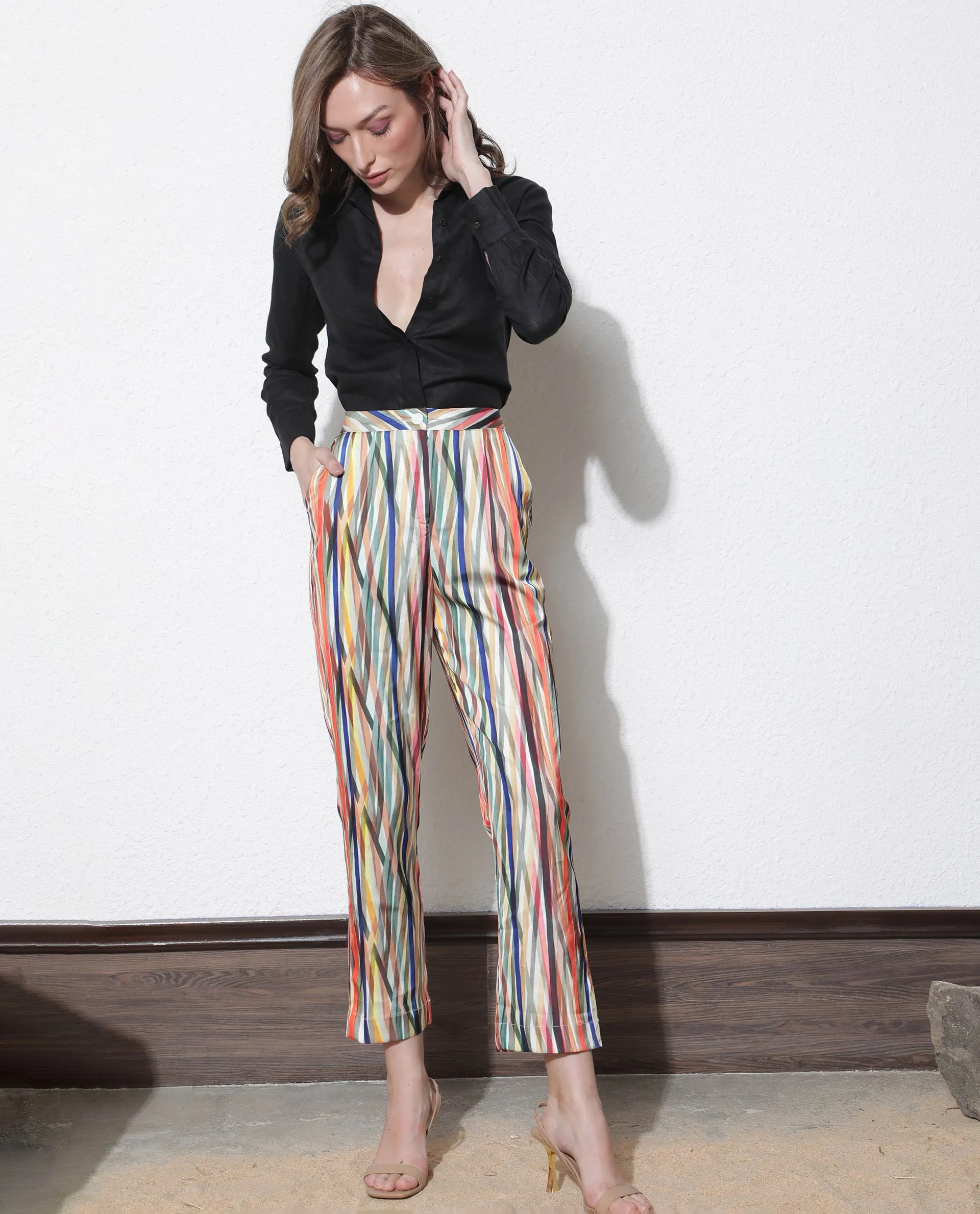 Rareism Women Ransom Multi Modal Fabric Tailored Fit Mid Rise Striped Ankle Length Trousers