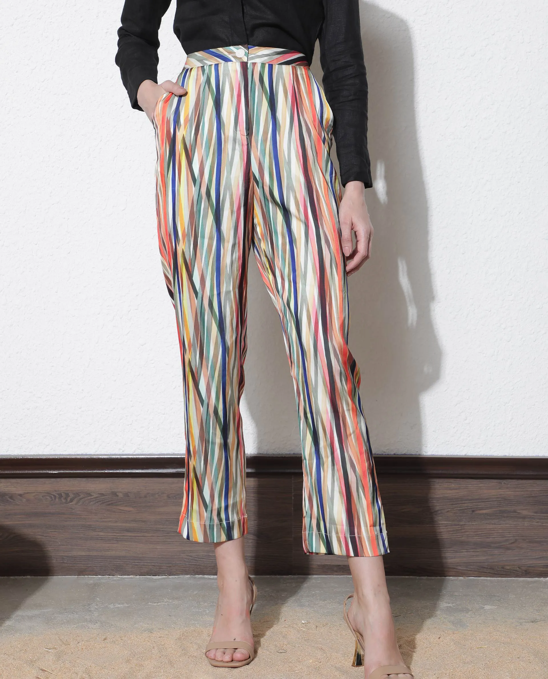 Rareism Women Ransom Multi Modal Fabric Tailored Fit Mid Rise Striped Ankle Length Trousers