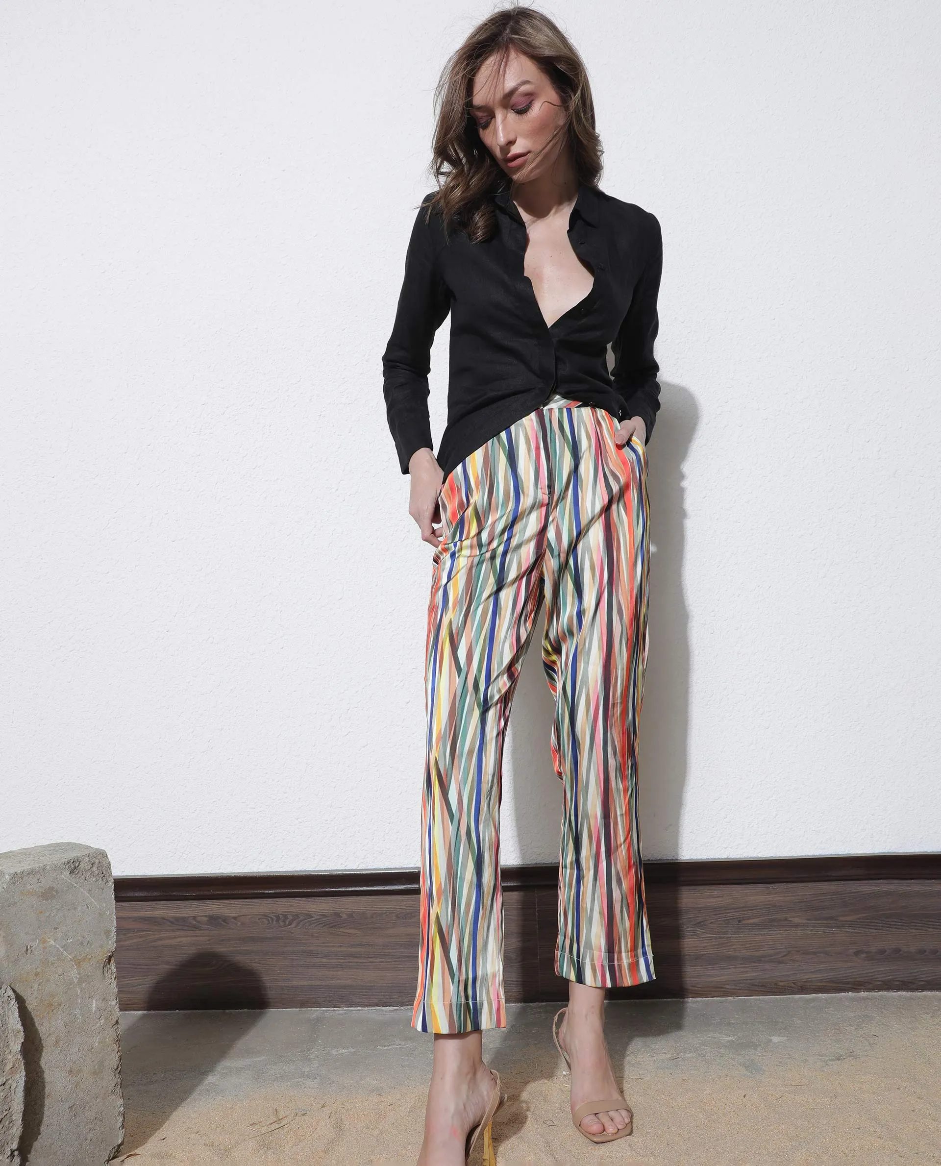 Rareism Women Ransom Multi Modal Fabric Tailored Fit Mid Rise Striped Ankle Length Trousers