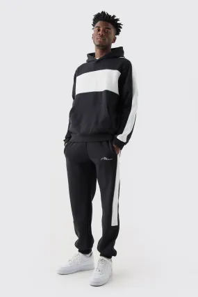 Regular Fit Colour Block Tape Hooded Tracksuit | boohooMAN UK