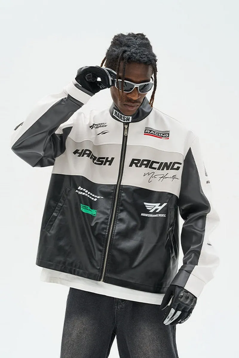 Retro Motorcycle Colorblock Stand Up Collar Jacket