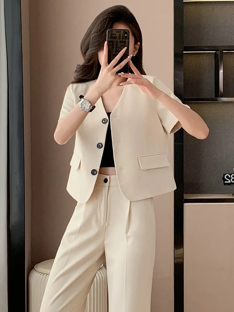 Short-sleeved suit for small women in summer new temperament goddess style professional wear short suit two-piece trousers