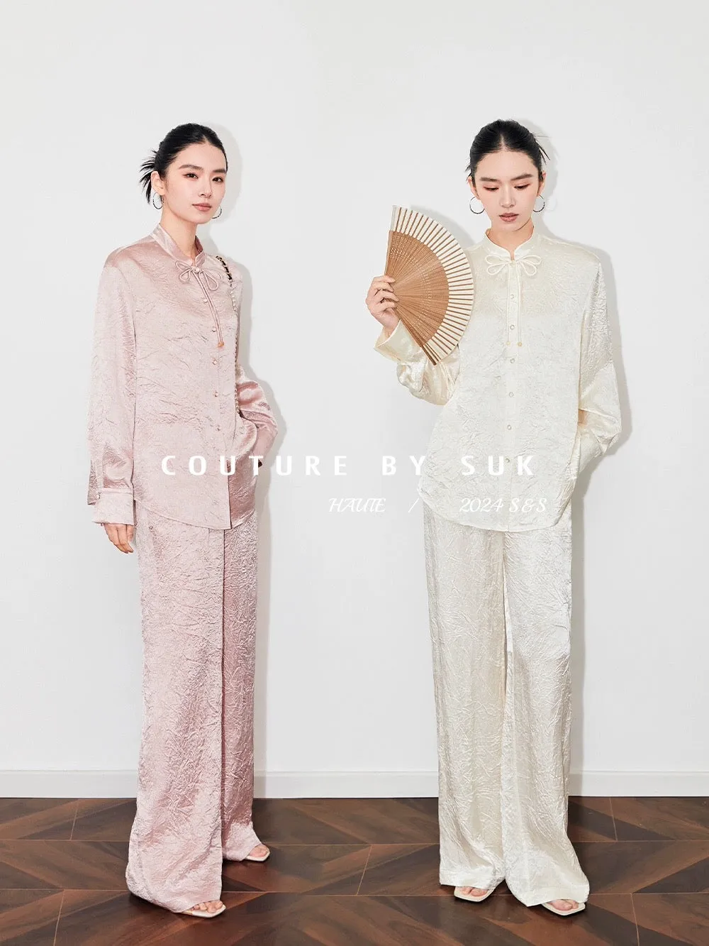 SUK new Chinese style old money style new acetic acid handmade two-piece set custom buttoned shirt top + trousers set