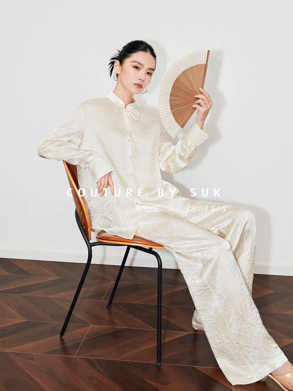 SUK new Chinese style old money style new acetic acid handmade two-piece set custom buttoned shirt top + trousers set