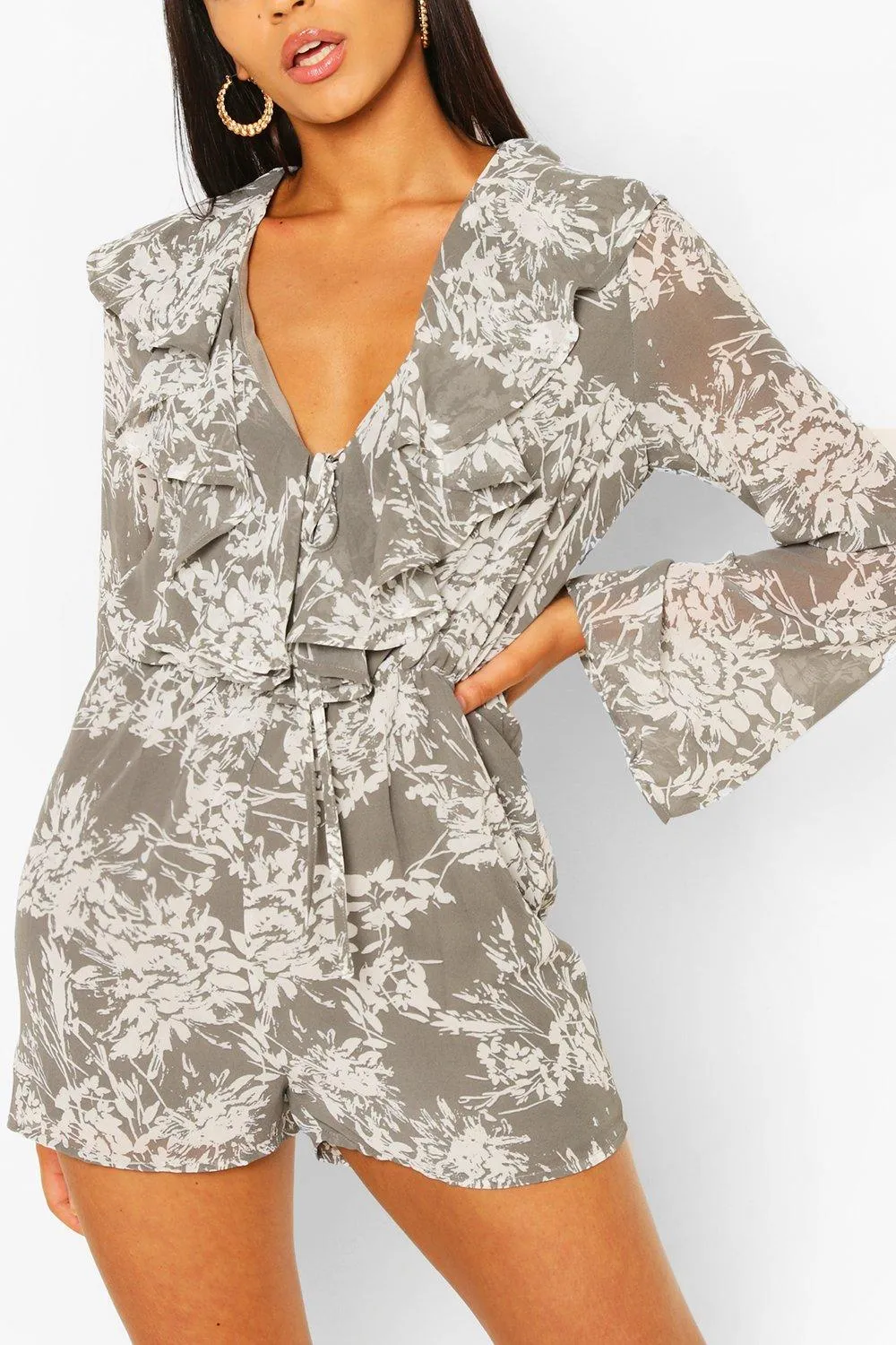 Tall Woven Floral Ruffle Front Romper